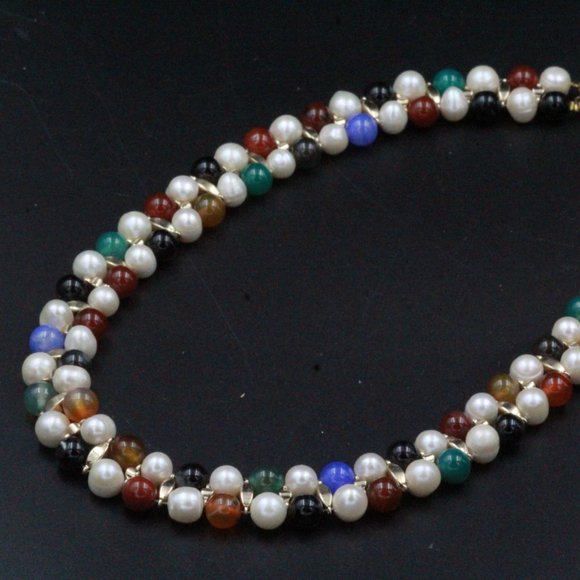 SPECTACULAR MULTI STONE CARNELIAN CHALCEDONY PEARL ONYX TWO ROWS NECKLACE - Picture 5 of 5